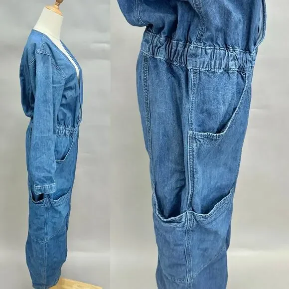 Free‎ People Archie Denim Jumpsuit Coveralls Utility Size Medium Barrel Leg